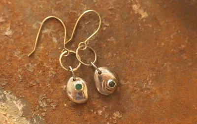 Fine Silver Pebble and Emerald Earrings